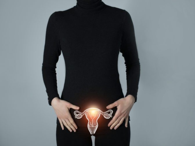 Illustration of woman reproduction system with highlighted organ and contrast hands on grey neutral background.